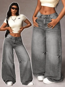 Women's Casual Denim Jeans, Spring Fashion Denim Pants Suitable For All Seasons, Wide Leg Fit, High Waist, Full Length, Casual Outdoor Pants, Simple Style, Suitable For Daily Wear, Valentine's Day Essential Women's Pants Jeans Single Item Gift - Xám - Xem 1