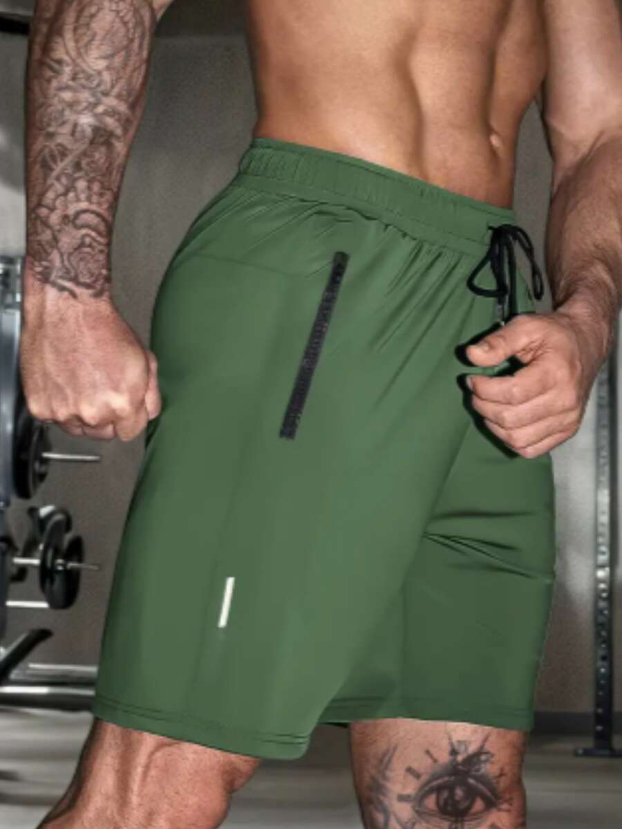 Men's Bermuda Shorts With Pockets, Reflective Logo, Shines With Flash, Perfect For Summer, Beach, Gym, Workout, And End Of Year. - 橄欖綠 - 查看 1