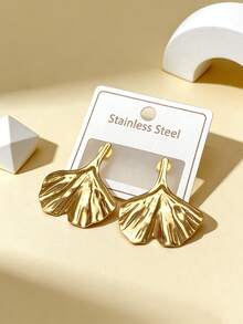 Lady's Golden Ginkgo Leaf Stud Earrings, Lady's Youthful Style Thick Gold Large Leaf Earrings, Leaf Earrings, Fish Tail 18K Gold Plated Pendant Earrings, Thick Gold Metal Earrings, Engagement Earrings - Multicolor - View 5