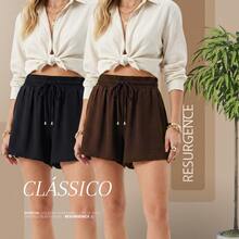 Women's Loose-Fitting High-Waisted Shorts With Elastic Waist, Comfortable, Duna Fabric, Casual, Chic, Everyday, Lightweight, Basic, Blogger Style, Knit Fabric, Faux Drawstring, Women's Fashion, Home, Beach, Vacation, Diary, Brunch, Travel, Spring, Summer - 銀色 - 查看 6