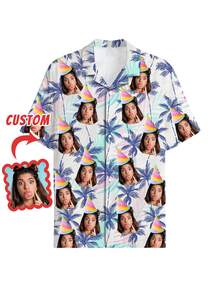 1pc Customizable Men's Hawaiian Shirt, Brazil Collar Button-Up Shirt, Personalized Men's Summer Clothing, Holiday Shirt, Men's Casual Birthday Shirt With Funny Face Design, Personalized Photo Gift For Boyfriend, Husband, Family, Friends - Multicolor - View 3