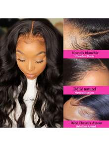 Leteme Perruque ondulée Body Wave 13x4 13x6, perruque frontale en dentelle transparente, cheveux humains brésiliens pré-épilés, nœuds blanchis, dentelle suisse, densité 180, pour femmes - Natural Black - Voir 7
