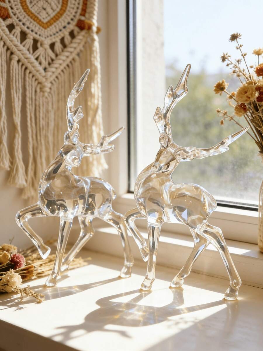 Bộ 1/2 tượng hươu bằng acrylic trong suốt, tượng động vật tối giản hiện đại, trang trí nghệ thuật phong cách Bắc Âu, chất lượng như pha lê sang trọng, trang trí nhà cửa, vật trang trí để bàn, trưng bày phòng khách/phòng ngủ/văn phòng, kết cấu nhựa, đẹp mắt, quà tặng cho người yêu thích trang trí nhà cửa.
