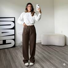 Women's Fleece Set: Long-Sleeved Cropped Sweatshirt In Fleece/Velvet Fabric (No Embroidery) + Wide-Leg Pants - 奶油色/棕色 - 查看 2