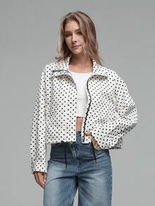 HZXVIC Women's Autumn New Polka Dot Mesh Drawstring Zipper Ribbed Collegiate Stand Collar Jacket - White - View 5