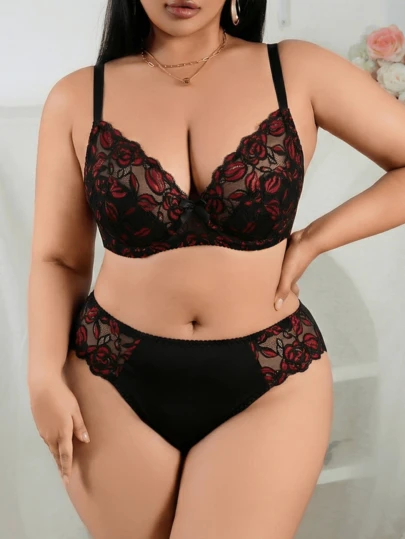 Bộ 2 áo ngực cỡ lớn dành cho nữ, màu đen và đỏ phối ren hoa hồng + lưới, có gọng nâng đỡ, thích hợp mặc ở nhà hoặc các dịp giao lưu nhẹ nhàng.