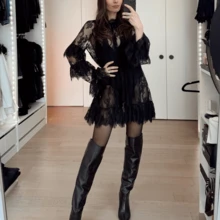 Lace Sheer Mini Dress For Women Turtle Neck Pleated Layered Long Sleeve Ruffle Trim Party Holiday Midi Dress - 黑色 - 查看 6