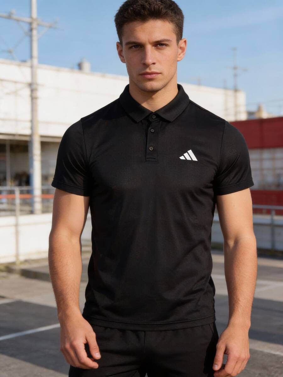 Adidas 男士休闲短袖 Polo 衫，简约领口设计，适合健身、训练、跑步、运动 HR8730 - 黑色 - 查看 1