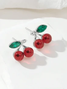 1对可爱樱桃耳环，甜美红色耳钉，学生饰品，女士日常休闲佩戴 - 銀色櫻桃 - 查看 2