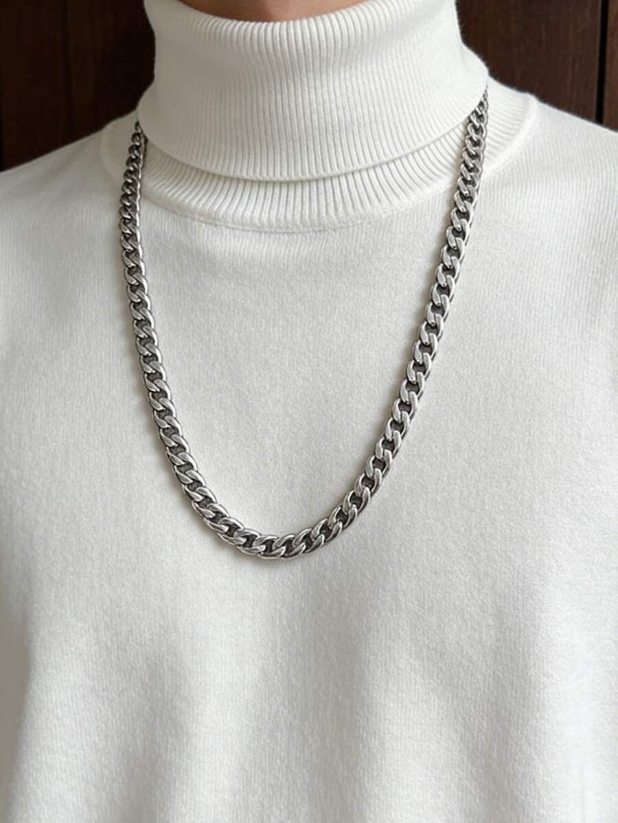 VJS 1pc Stainless Steel Simple Cuban Link Chain Necklace, Versatile Hip-Hop Style For Men