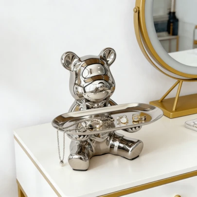 1pc Ceramic Cute Bear Decor With Silver Tray, Living Room Foyer Key Holder Tray, Cabinet Tabletop Decoration, Piggy Bank