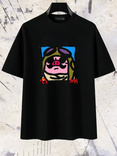 ヒップホップデザインのプリントが施された男女兼用の半袖Tシャツ  カジュアルなクルーネック、やや伸縮性のある生地