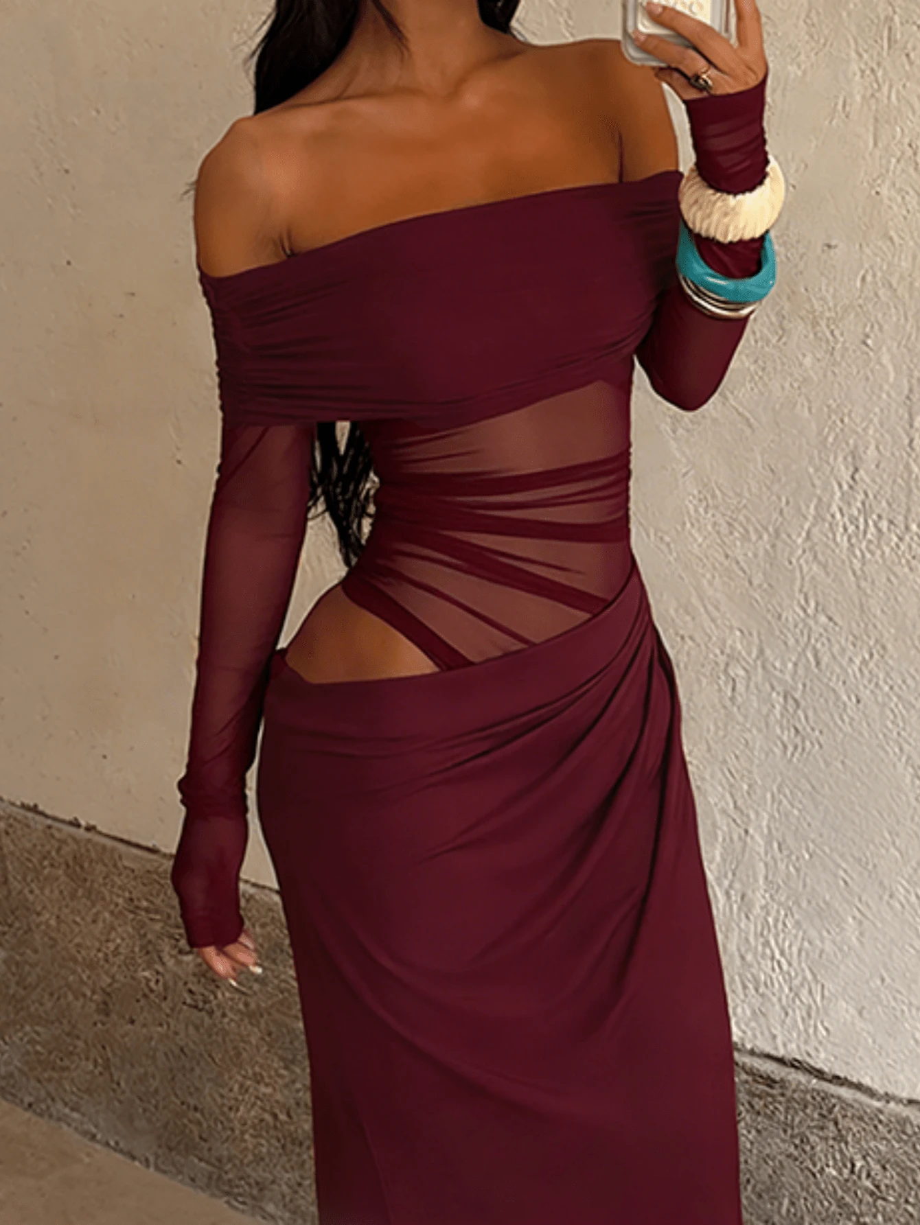 WOWDARK 夏季连衣裙，酒红色，优雅露肩网纱镂空设计，修身剪裁，适合情人节、约会、聚会、派对、旅行、度假、海滩等场合，也适合婚礼、春季派对等场合。