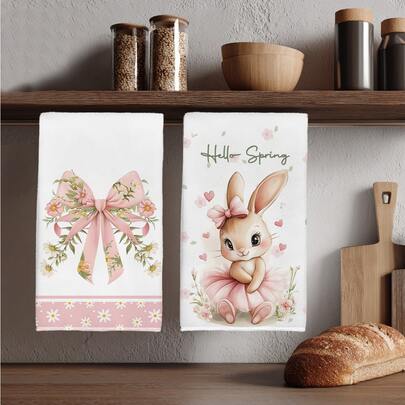 2pcs Spring Easter Pink Bow Cute Rabbit Pattern Kitchen Towels, Soft Polyester Material Dish Cloths, Suitable For Kitchen Decor, Kitchen Cleaning, Holiday Party Decoration, Kitchen & Bathroom Essentials, Home Decor, Housewarming Gift