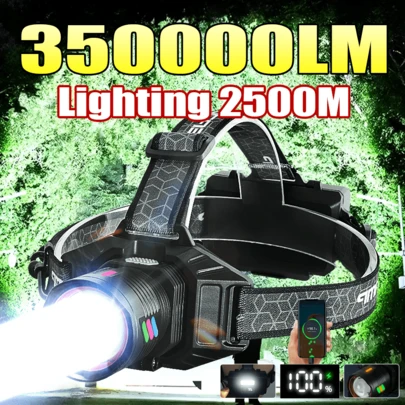 1个35万流明超亮可充电LED头灯，4种照明模式，可调节变焦，2500米远射程，后置LED灯，多功能战术头灯，适用于露营、钓鱼、徒步、狩猎、跑步、骑行、工作、应急等场合。