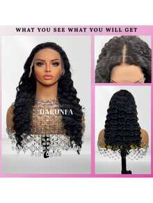 34 Inch Natural Lace Front Wigs Blended Human Hair Deep Wave 13x4 HD Transparent Lace Frontal Wig For Women 200% Density Curly Wet And Wavy Lace Front Wigs Human Hair Glueless Wig - Natural & Black - View 2