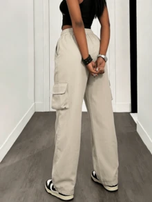 Date Night Outfit, Gifts For Her, Women's Casual Beige Cargo Pants With Elastic Drawstring Waist And Multi-Pocket Design For Streetwear, Daily Wear - 灰色 - 查看 3