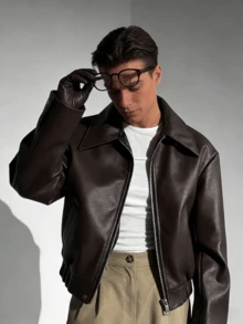 Men's Motorcycle Style Faux Leather Jacket - Loose Fit Zip-Up With Button Details, Beige Spring & Black Spring/Autumn Streetwear Coat, Fitted Sports Jacket & Spring Coat For Men, Western Outfits For Men, Christmas/Valentine Couple Style Outfit, Curve-Flattering Holiday Gift Suitable For Men & Women - 棕色 - 查看 5
