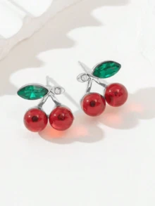 1对可爱樱桃耳环，甜美红色耳钉，学生饰品，女士日常休闲佩戴 - 銀色櫻桃 - 查看 3