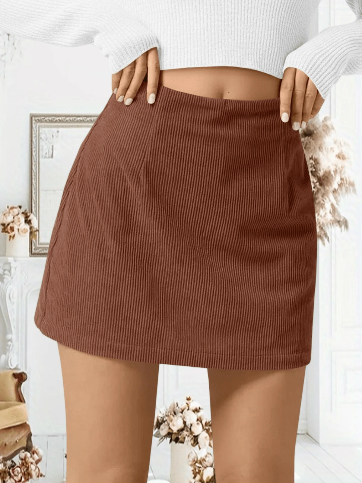 Imily Bela Wenrine Womens Corduroy Mini Skirt High Waisted Basic Casual A-Line Short Fall Winter Outdoor Exercise Skirts - 紅木色 - 查看 1