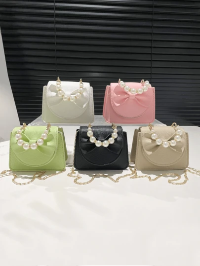 1 Pc Cute Solid Color Bow & Pearl Decor Mini Square Handbag, Chain Crossbody Bag, Lightweight Shoulder Bag, Coin Purse – Ideal For Girls, Ladies, Students, Perfect For Daily Use, Outings, Shopping Trips, Festival