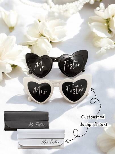 10pcs/5pcs/1pc/Set Customized Party Fashion Glasses, Colorful Heart-Shaped Glasses With Glasses Case, Printed Patterns And Text, Suitable For Christmas Gifts, Wedding Favors, Guest Gifts, Bachelor/Bachelorette Party Favors, Christmas Party Favors, Bridesmaid/Groomsman Glasses, Bridesmaid Gifts, Travel Essentials, Holiday Party Accessories, Suitable For Brides, Bridesmaids, Groomsmen, Family, Couples, Friends