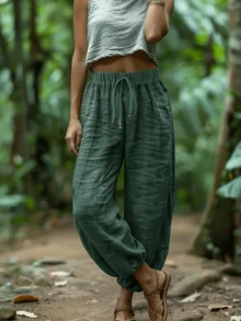Quần ống rộng dáng retro phong cách rừng xanh đa năng dành cho nữ cỡ lớn, có dây rút và chuông trang trí thời trang, phù hợp cho các hoạt động thể thao ngoài trời, kỳ nghỉ, đi biển và mặc thường ngày. - Màu xanh Bạc hà - Xem 5
