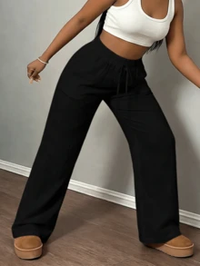Fashionable And Chic Solid-Colored Linen-Blend Wide-Leg Women's Pants, Loose And Flowing, With A Minimalist Casual Design, Perfect For Beach Days, Brunch, And Summer Wear. - màu đen - Xem 2