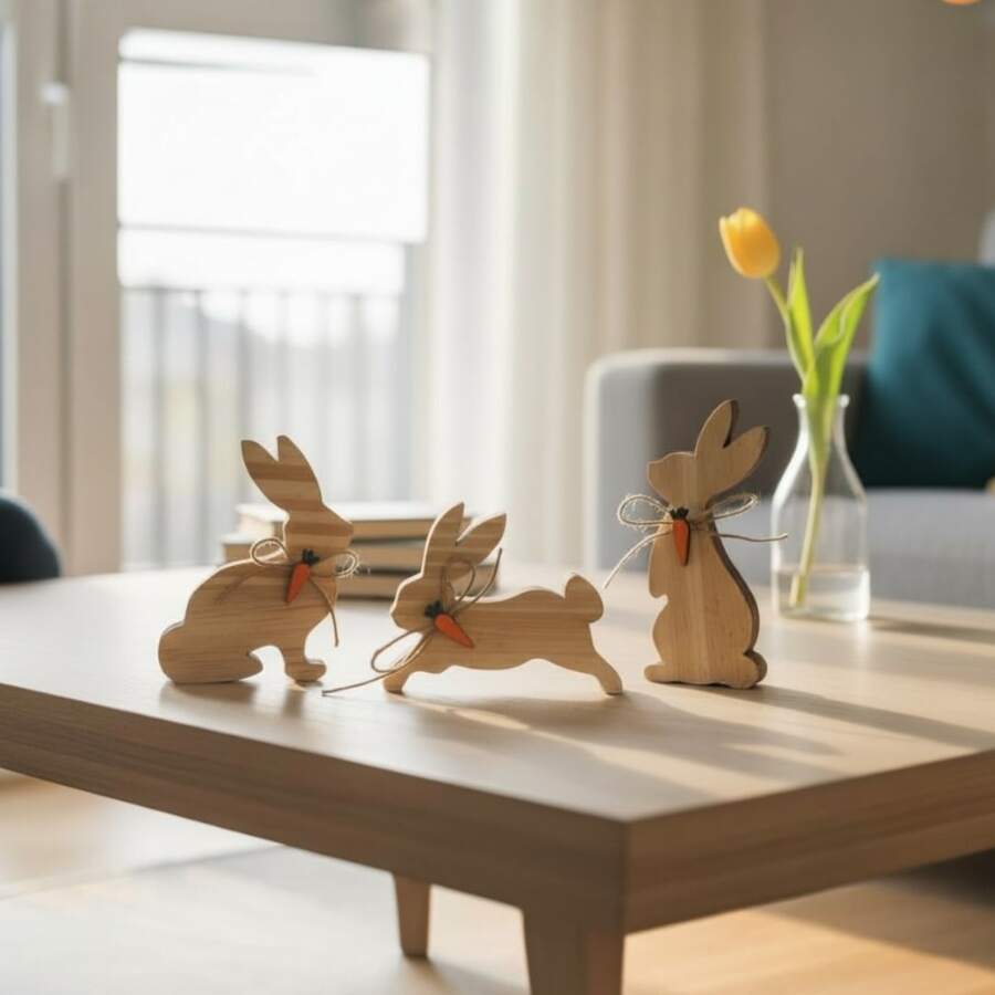 Trio Coelho Decoração de Mesa - Mesa Posta - Decoração de Páscoa - Marrom Claro - Visão 1