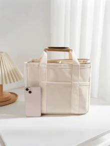 Large Capacity Multi-Pocket Shoulder Bag With Compartments, Versatile Handbag With Handles, Beige, Large School Tote Bag, Multiple Compartments, Perfect For Beach, School, Work & Daily Use - 米色 - 查看 8