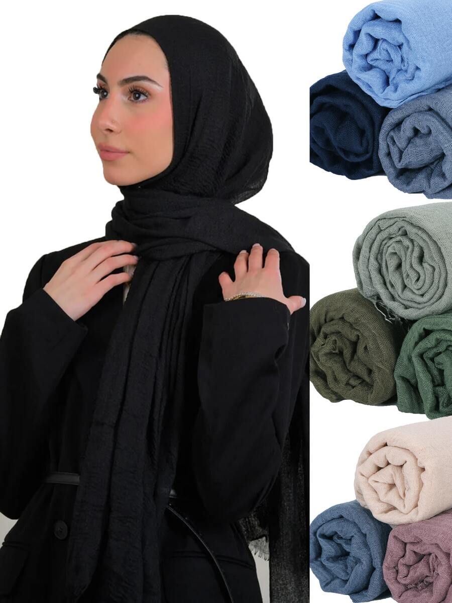 3pcs/Set Women's Solid Color Crinkle Hijab Scarf Set, Everyday Headscarf