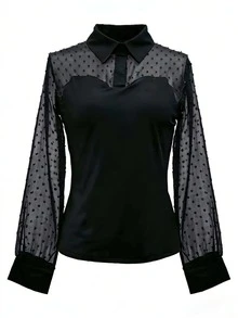 全新网眼波点袖透视性感修身打底上衣 - 黑色 - 查看 4