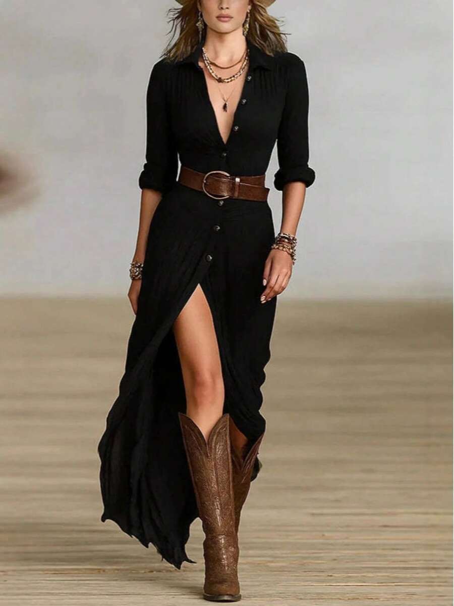 Vestidos Elegantes De Mujer, Asymmetric Design, Bohemian Style, Suitable For Glamorous Dresses, Dances, Valentine's Day, Easter Vacations, Commuting, Daily Casual Wear - 黑色 - 查看 1