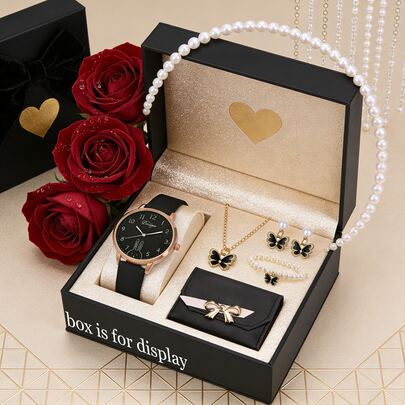 黑色首饰手表套装，适合日常甜美活力装扮、约会造型，是情人节、生日、周年纪念日送给女友、妻子、闺蜜的理想礼物。