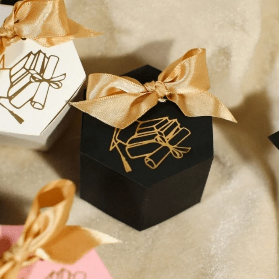 10pcs Graduation Mini Gift Boxes, Foil Diploma Pattern - Hexagon Candy Boxes With Satin Ribbon Bow - Graduation Party, Ceremony, Congratulation Small Gift Boxes - Black, White, Pink, Navy Blue