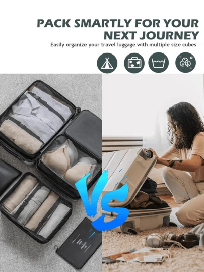 8件套旅行收纳袋套装 - 可折叠行李整理袋，大容量防水衣物分类袋，便携式拉链收纳袋，行李整理袋，鞋袋，束口袋，旅行整理袋，化妆包，内衣袋，化妆包，收纳袋，整理袋 - 轻松整理衣物，也适用于收纳笔、眼影刷、卫生巾、口红、化妆刷、眼线笔、唇彩、护肤品、牙刷杯、肥皂、洗发水、梳子、手表、手机、项链、珠宝、数码产品等。