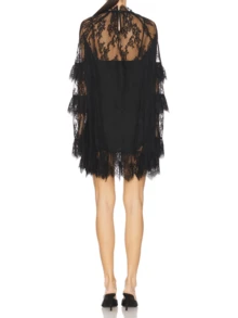 Lace Sheer Mini Dress For Women Turtle Neck Pleated Layered Long Sleeve Ruffle Trim Party Holiday Midi Dress - 黑色 - 查看 3
