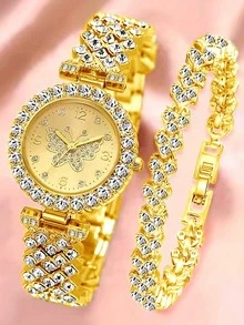 2pcs/Set Gold Tone Alloy Strap Women's Watch Set, Fashionable & Luxurious, Diamond Butterfly Dial Quartz Watch & Bracelet Set, Suitable For Daily Outfit Or Holiday Gift - Gold - View 6