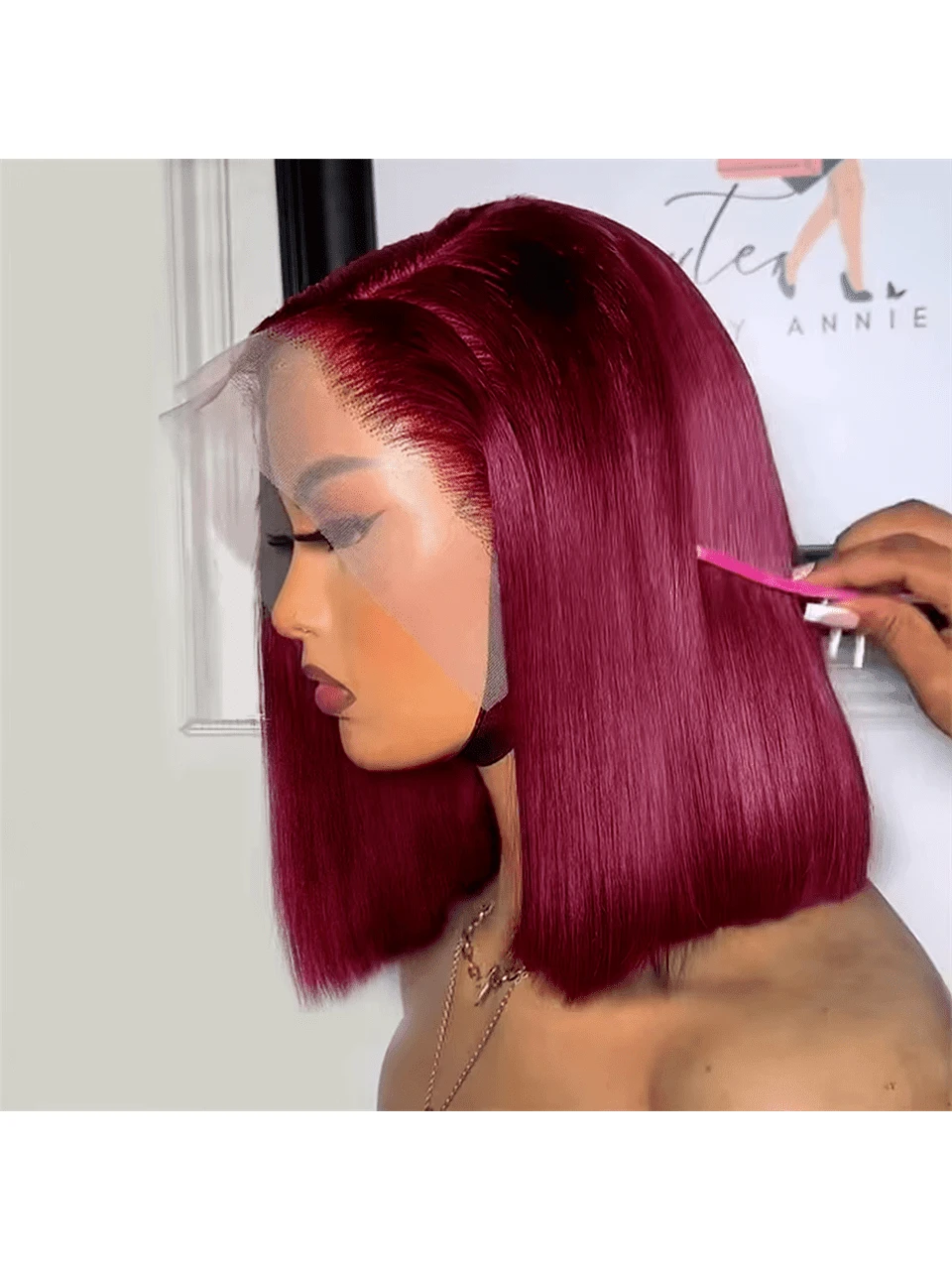 180% 密度 8-36 英寸直发无胶假发，真人混纺发丝，预先拔毛，13x4 蕾丝闭合假发，真人混纺发丝，女士款，预剪蕾丝，适合初学者，带婴儿发，99J 酒红色 - S99J/BUG - 查看 1