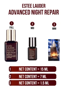 Estée Lauder 密集修护精华液，高级面部精华，有1.5/7/15毫升三种规格可选，3天内对抗“夜间疲劳老化”，提亮肤色26%，2周内减少顽固皱纹10%，提升肌肤紧致度10%，全面修护光损伤，93%的用户认可更快恢复，89%的用户认可效果更佳，蕴含发酵酵母提取物和猴面包树籽提取物，值得信赖的细胞级夜间修护，适合所有肤质。 - 雅詩蘭黛特潤修護肌活精華露 - 查看 4