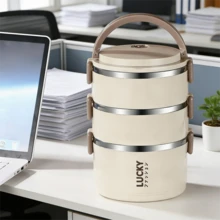 Large-Capacity, Multi-Layer Insulated, Lidded Round Lunch Box Is The Perfect Gift For Thanksgiving, Christmas, And Halloween, And Is Ideal For Commuting, School, And Outdoor Use. - Apricot 3-layer - View 3