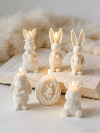 复活节快乐！白色香薰蜡烛兔子蛋形大豆蜡烛套装，复活节派对餐桌装饰，白色复活节兔子蜡烛套装，复活节快乐大豆蜡烛，6种选择，复活节派对装饰家居用品
