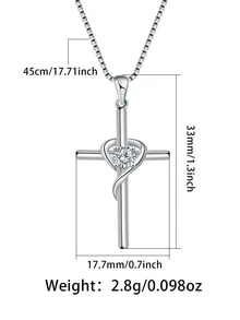 1pc 925 Sterling Silver Cross & Heart Wrapped White/Blue Zirconia Pendant Necklace (Beloved Wrapped Design), Gift Box, Suitable For Daily Wear, Festivals, Valentine's Day - Silver - View 3