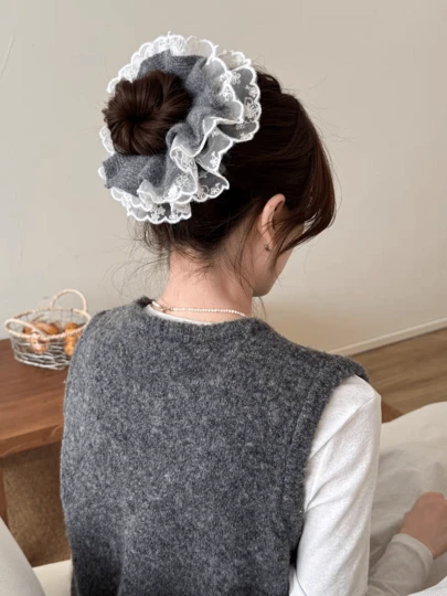 1pc Lace Gray Fluffy Hair Scrunchie, Donut Bun Elastic Hair Tie, Elegant Hair Accessory For Ponytail ,Hair Rope Elastic Band