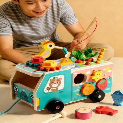 1 Set Multifunctional Wooden 5-In-1 Farm Truck | Shape Matching Game, Xylophone, Clock Recognition, Gear Game | Educational Puzzle Toy