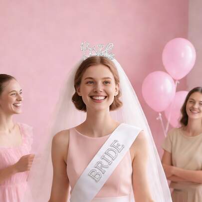Bride To Be Party Set - 3-In-1 Bachelorette Party Supplies: Rhinestone Bride Tiara, Pear Sash & Veil For Bridal Shower, Hen Night & Wedding Celebrations
