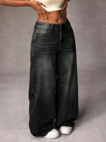 Women's Casual Denim Jeans, Spring Fashion Denim Pants Suitable For All Seasons, Wide Leg Fit, High Waist, Full Length, Casual Outdoor Pants, Simple Style, Suitable For Daily Wear, Valentine's Day Essential Women's Pants Jeans Single Item Gift - 黑色 - 查看 5