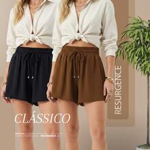 Women's Loose-Fitting High-Waisted Shorts With Elastic Waist, Comfortable, Duna Fabric, Casual, Chic, Everyday, Lightweight, Basic, Blogger Style, Knit Fabric, Faux Drawstring, Women's Fashion, Home, Beach, Vacation, Diary, Brunch, Travel, Spring, Summer - 紫羅蘭色 - 查看 8