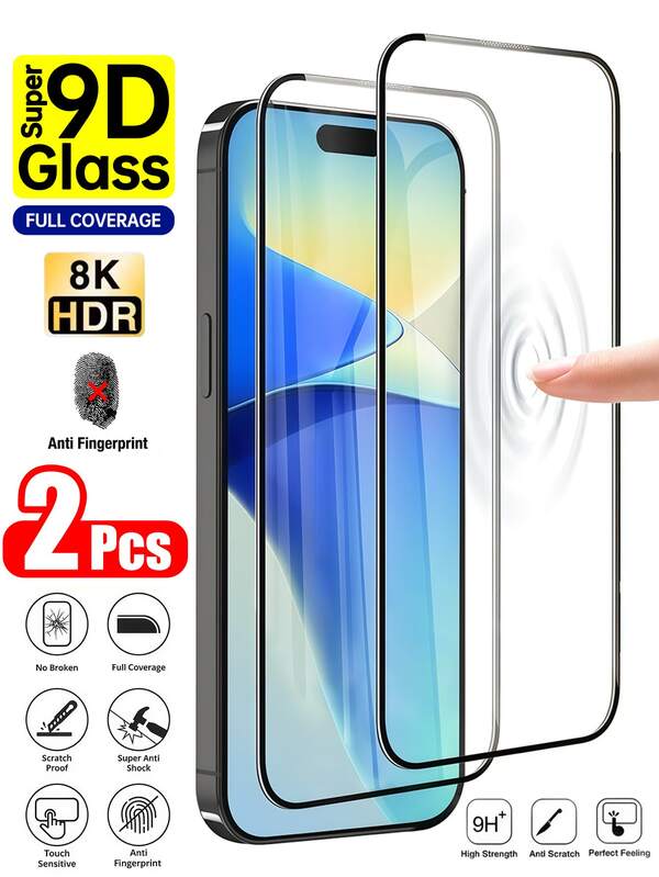 2pcs 9D Full Coverage Tempered Glass Screen Protector - Compatible With IPhone 17 Pro Max/17 Air/17 Pro/16 Pro Max/16e/15 Pro Max/15 Plus/14 Pro/13/12 Mini/11 Pro Max/XS Max/XS/XR, 9H+ Hardness, High Clarity, Scratch-Resistant, Bubble-Free Installation, Compatible With Phone Cases, High-Quality Glass Protection, Smooth Surface, High Transmittance, Suitable For IPhone Accessories