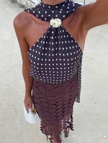 复古法式波点露背吊带休闲度假上衣，女士夏季款 - 棕色 - 查看 1